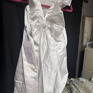 Azazie Ivory Satin Gown with Statement Bow